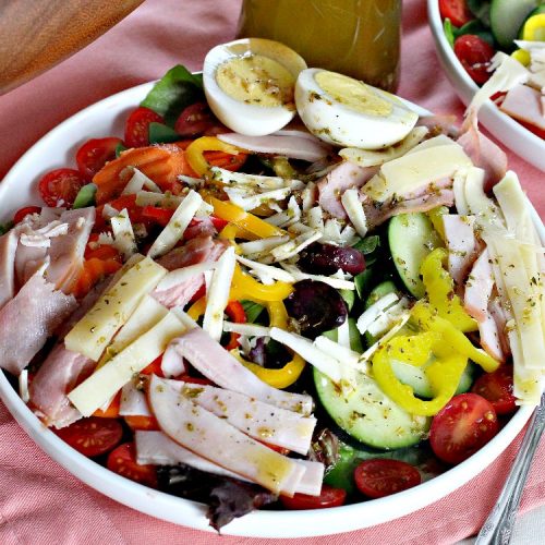 Fabulous Chef Salad | Can't Stay Out of the Kitchen | this amazing high protein #salad includes #turkey, #ham, hard-boiled #eggs & lots of veggies with a delicious homemade #saladdressing. It's one of our favorites. #glutenfree