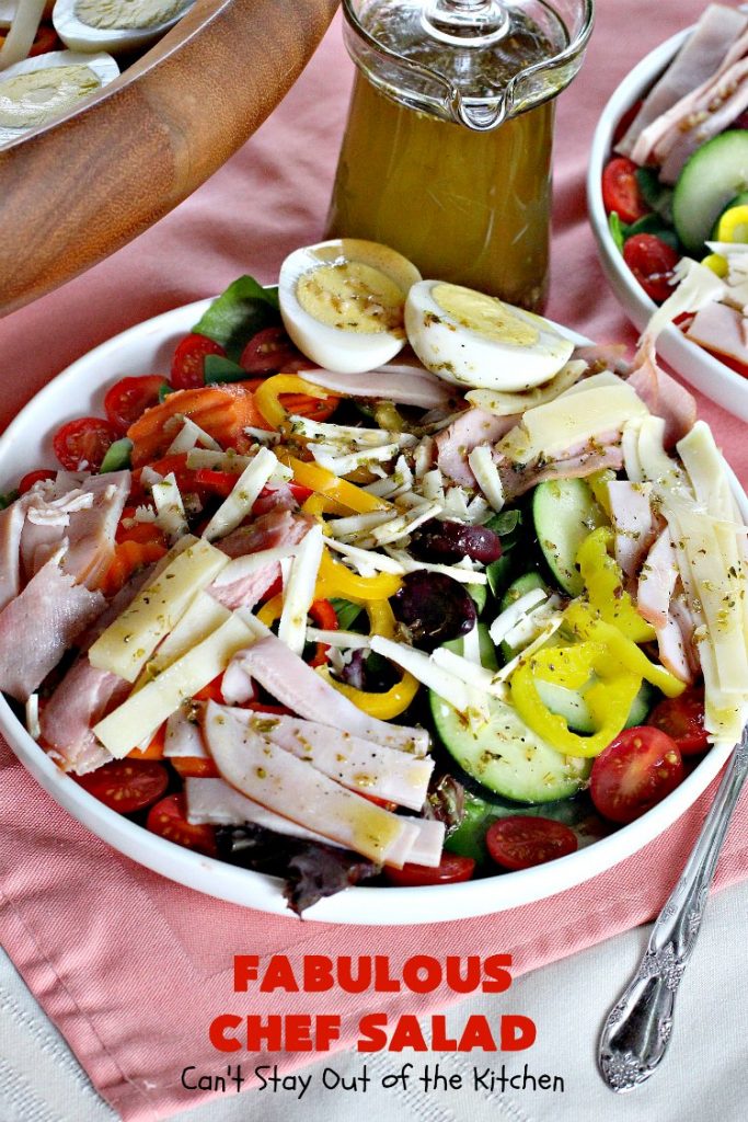 Fabulous Chef Salad | Can't Stay Out of the Kitchen | this amazing high protein #salad includes #turkey, #ham, hard-boiled #eggs & lots of veggies with a delicious homemade #saladdressing. It's one of our favorites. #glutenfree