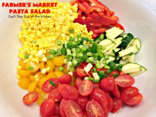Farmer's Market Pasta Salad | Can't Stay Out of the Kitchen | this amazing #pasta #salad includes #chicken, #peaches, fresh #corn, #tomatoes and bow-tie #pasta. It's topped with a wonderful homemade #vinaigrette. One of the best salads we've ever eaten!