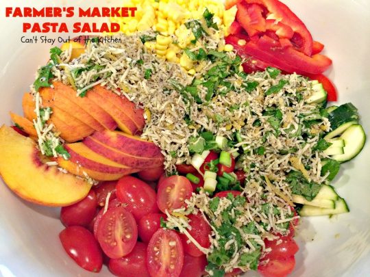 Farmer's Market Pasta Salad | Can't Stay Out of the Kitchen | this amazing #pasta #salad includes #chicken, #peaches, fresh #corn, #tomatoes and bow-tie #pasta. It's topped with a wonderful homemade #vinaigrette. One of the best salads we've ever eaten!