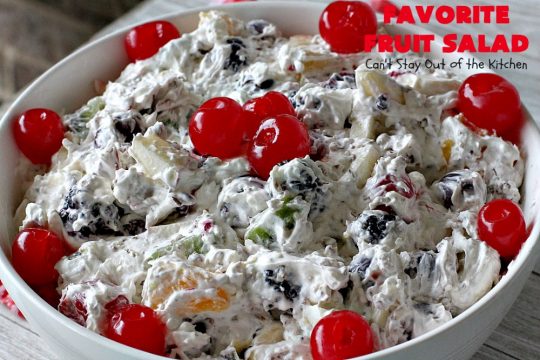 Favorite Fruit Salad | Can't Stay Out of the Kitchen | This creamy, fluffy #salad is the BEST! It's terrific for #MothersDay or #FathersDay or other summer #holiday potlucks or parties. #glutenfree #cherries #blackberries #kiwi