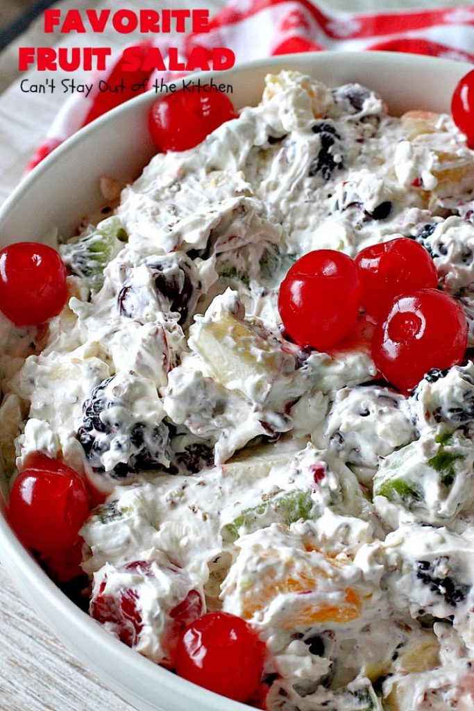 Favorite Fruit Salad | Can't Stay Out of the Kitchen | This creamy, fluffy #salad is the BEST! It's terrific for #MothersDay or #FathersDay or other summer #holiday potlucks or parties. #glutenfree #cherries #blackberries #kiwi