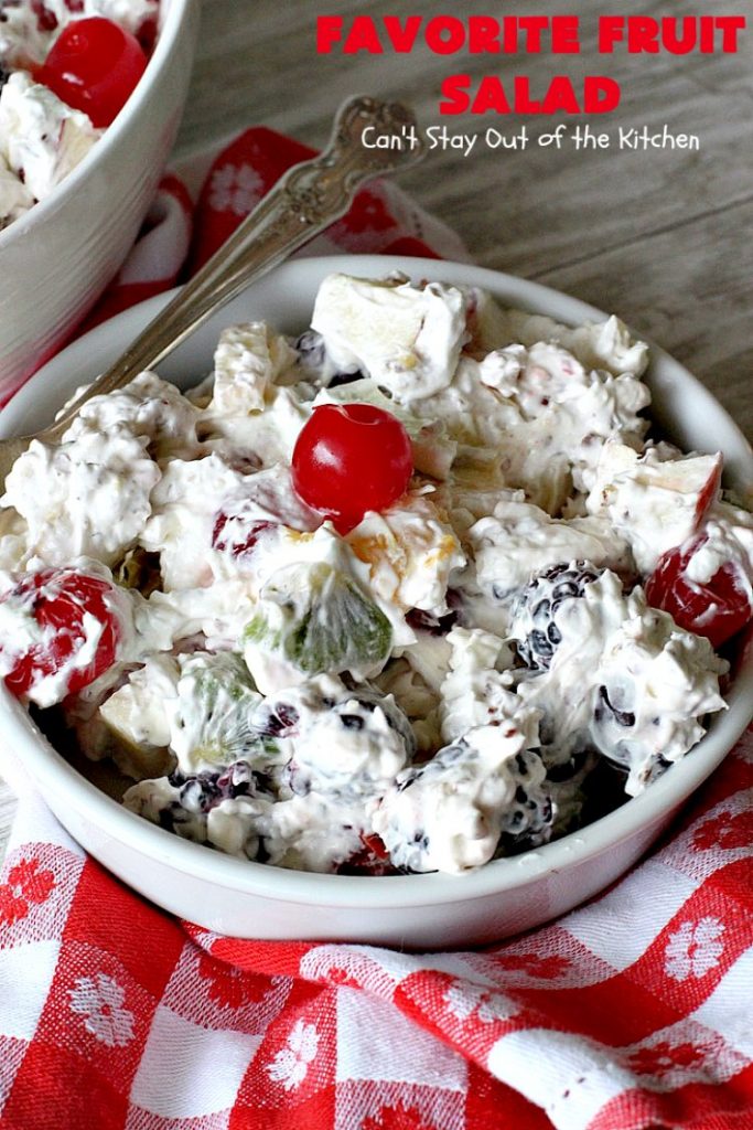 Favorite Fruit Salad | Can't Stay Out of the Kitchen | This creamy, fluffy #salad is the BEST! It's terrific for #MothersDay or #FathersDay or other summer #holiday potlucks or parties. #glutenfree #cherries #blackberries #kiwi