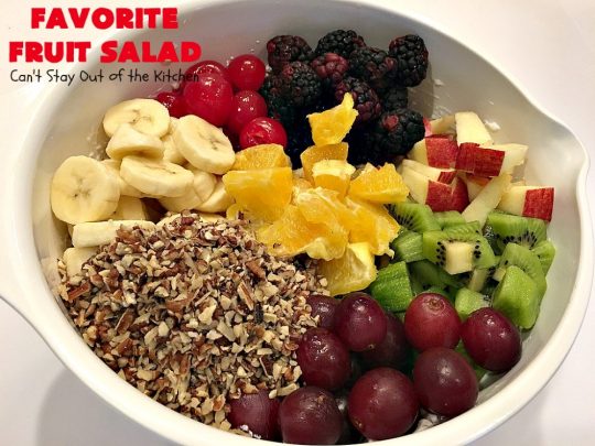 Favorite Fruit Salad | Can't Stay Out of the Kitchen | This creamy, fluffy #salad is the BEST! It's terrific for #MothersDay or #FathersDay or other summer #holiday potlucks or parties. #glutenfree #cherries #blackberries #kiwi