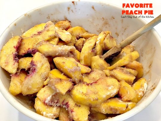 Favorite Peach Pie | Can't Stay Out of the Kitchen | this amazing #peachpie is filled with fresh #peaches & #cinnamon. Provides step-by-step directions for making homemade #piecrust. Terrific summer #dessert