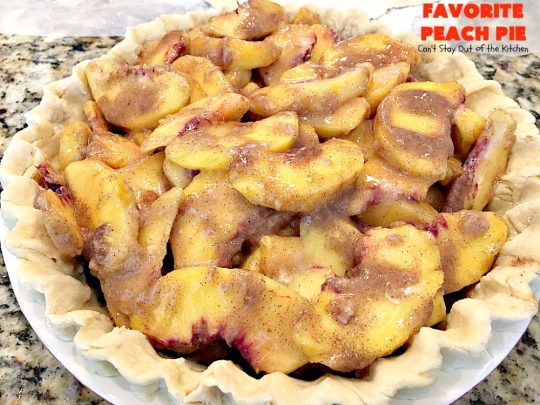 Favorite Peach Pie | Can't Stay Out of the Kitchen | this amazing #peachpie is filled with fresh #peaches & #cinnamon. Provides step-by-step directions for making homemade #piecrust. Terrific summer #dessert