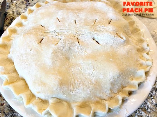 Favorite Peach Pie | Can't Stay Out of the Kitchen | this amazing #peachpie is filled with fresh #peaches & #cinnamon. Provides step-by-step directions for making homemade #piecrust. Terrific summer #dessert