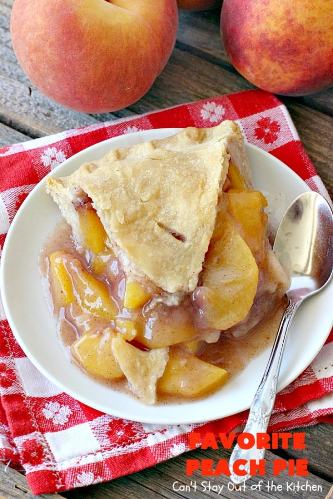 Favorite Peach Pie | Can't Stay Out of the Kitchen | this amazing #peachpie is filled with fresh #peaches & #cinnamon. Provides step-by-step directions for making homemade #piecrust. Terrific summer #dessert