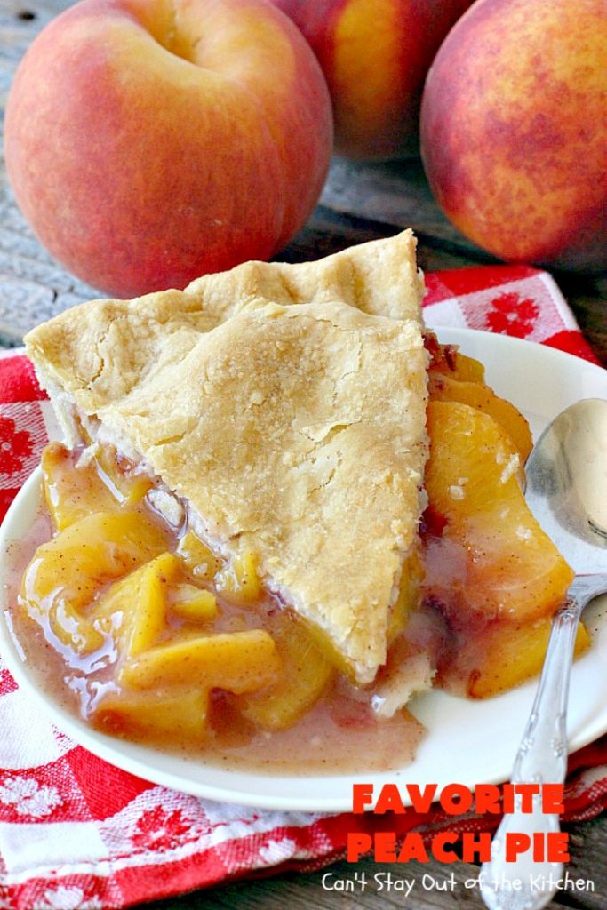 Favorite Peach Pie | Can't Stay Out of the Kitchen | this amazing #peachpie is filled with fresh #peaches & #cinnamon. Provides step-by-step directions for making homemade #piecrust. Terrific summer #dessert