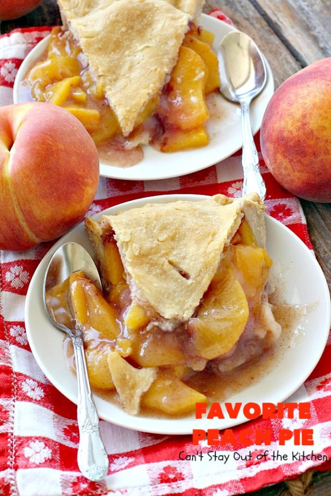 Favorite Peach Pie | Can't Stay Out of the Kitchen | this amazing #peachpie is filled with fresh #peaches & #cinnamon. Provides step-by-step directions for making homemade #piecrust. Terrific summer #dessert