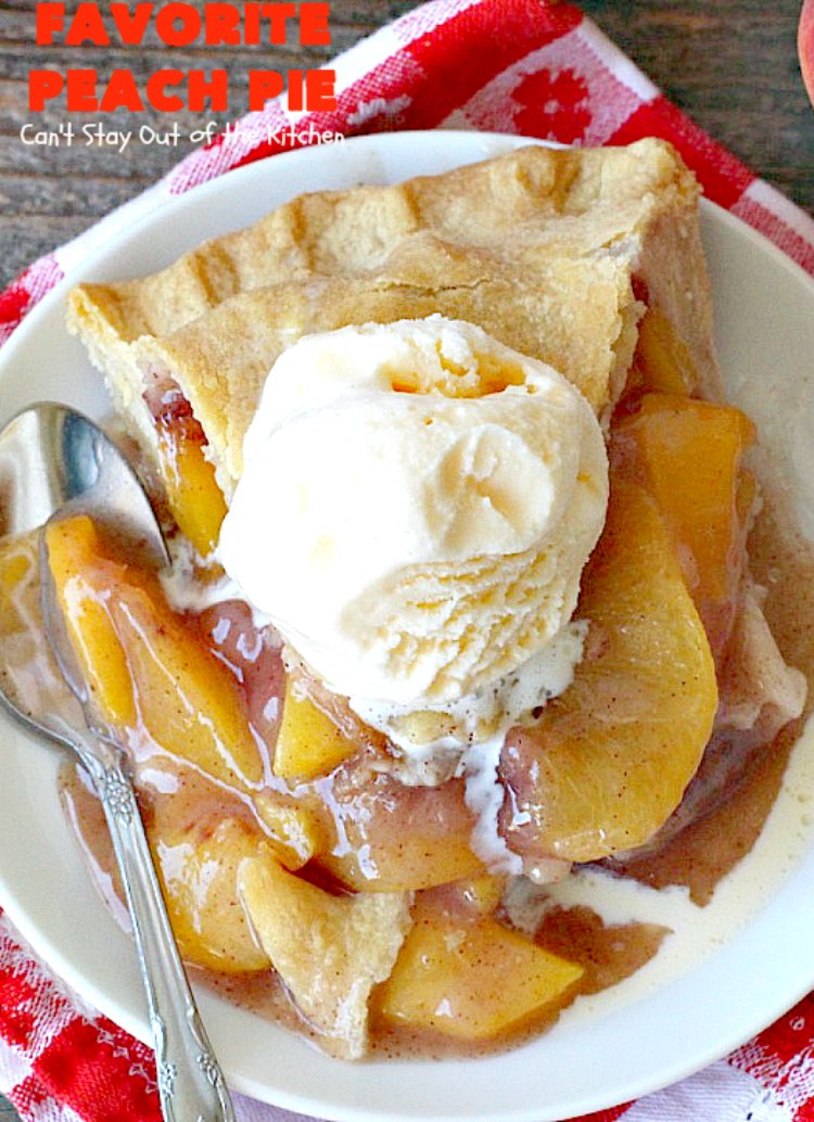 Favorite Peach Pie | Can't Stay Out of the Kitchen | this amazing #peachpie is filled with fresh #peaches & #cinnamon. Provides step-by-step directions for making homemade #piecrust. Terrific summer #dessert