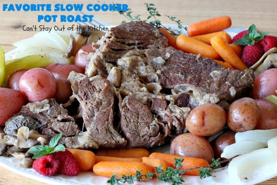 Favorite Slow Cooker Pot Roast | Can't Stay Out of the Kitchen | this family favorite #recipe always gets rave reviews whenever we make it. The #gravy is wonderful. If you enjoy #PotRoast this easy #SlowCooker version is perfect for you! #potatoes #carrots #mushrooms #beef #FavoriteSlowCookerPotRoast