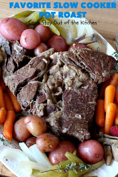Favorite Slow Cooker Pot Roast | Can't Stay Out of the Kitchen | this family favorite #recipe always gets rave reviews whenever we make it. The #gravy is wonderful. If you enjoy #PotRoast this easy #SlowCooker version is perfect for you! #potatoes #carrots #mushrooms #beef #FavoriteSlowCookerPotRoast