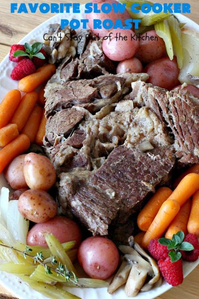 Favorite Slow Cooker Pot Roast | Can't Stay Out of the Kitchen | this family favorite #recipe always gets rave reviews whenever we make it. The #gravy is wonderful. If you enjoy #PotRoast this easy #SlowCooker version is perfect for you! #potatoes #carrots #mushrooms #beef #FavoriteSlowCookerPotRoast