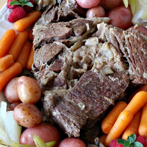 Favorite Slow Cooker Pot Roast | Can't Stay Out of the Kitchen | this family favorite #recipe always gets rave reviews whenever we make it. The #gravy is wonderful. If you enjoy #PotRoast this easy #SlowCooker version is perfect for you! #potatoes #carrots #mushrooms #beef #FavoriteSlowCookerPotRoast