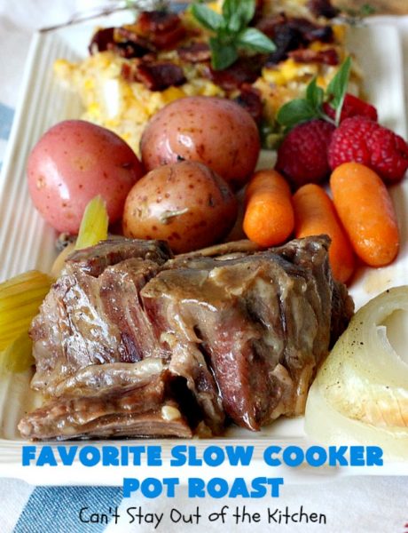 Favorite Slow Cooker Pot Roast | Can't Stay Out of the Kitchen | this family favorite #recipe always gets rave reviews whenever we make it. The #gravy is wonderful. If you enjoy #PotRoast this easy #SlowCooker version is perfect for you! #potatoes #carrots #mushrooms #beef #FavoriteSlowCookerPotRoast