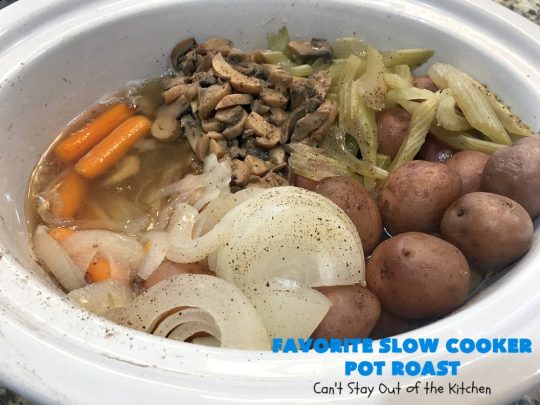 Favorite Slow Cooker Pot Roast | Can't Stay Out of the Kitchen | this family favorite #recipe always gets rave reviews whenever we make it. The #gravy is wonderful. If you enjoy #PotRoast this easy #SlowCooker version is perfect for you! #potatoes #carrots #mushrooms #beef #FavoriteSlowCookerPotRoast