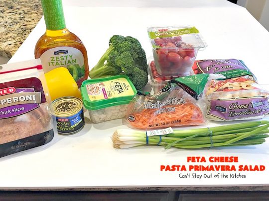 Feta Cheese Pasta Primavera Salad | Can't Stay Out of the Kitchen | this delightful #pasta #salad is great for #tailgating parties, potlucks or any backyard #BBQ. #tortellini #pepperoni #olives #broccoli #tomatoes