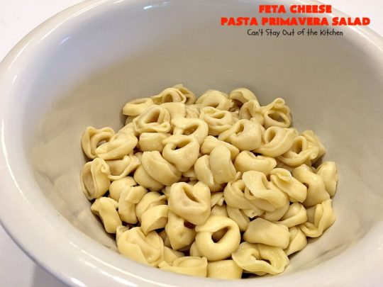 Feta Cheese Pasta Primavera Salad | Can't Stay Out of the Kitchen | this delightful #pasta #salad is great for #tailgating parties, potlucks or any backyard #BBQ. #tortellini #pepperoni #olives #broccoli #tomatoes