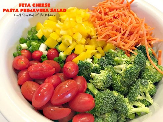 Feta Cheese Pasta Primavera Salad | Can't Stay Out of the Kitchen | this delightful #pasta #salad is great for #tailgating parties, potlucks or any backyard #BBQ. #tortellini #pepperoni #olives #broccoli #tomatoes