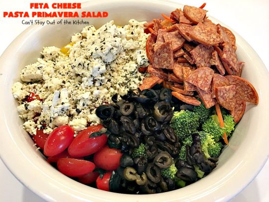 Feta Cheese Pasta Primavera Salad | Can't Stay Out of the Kitchen | this delightful #pasta #salad is great for #tailgating parties, potlucks or any backyard #BBQ. #tortellini #pepperoni #olives #broccoli #tomatoes