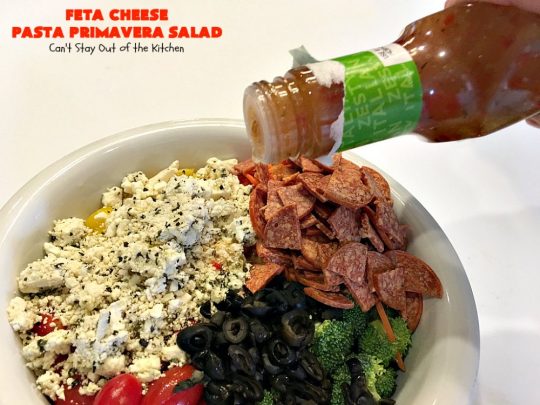 Feta Cheese Pasta Primavera Salad | Can't Stay Out of the Kitchen | this delightful #pasta #salad is great for #tailgating parties, potlucks or any backyard #BBQ. #tortellini #pepperoni #olives #broccoli #tomatoes