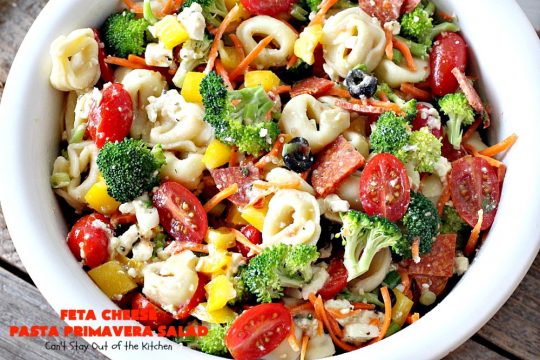 Feta Cheese Pasta Primavera Salad | Can't Stay Out of the Kitchen | this delightful #pasta #salad is great for #tailgating parties, potlucks or any backyard #BBQ. #tortellini #pepperoni #olives #broccoli #tomatoes