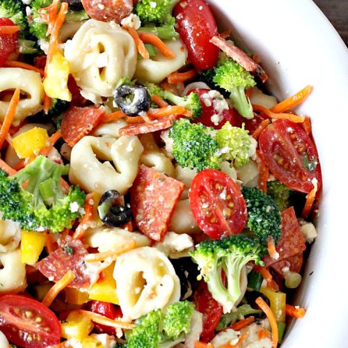 Feta Cheese Pasta Primavera Salad | Can't Stay Out of the Kitchen | this delightful #pasta #salad is great for #tailgating parties, potlucks or any backyard #BBQ. #tortellini #pepperoni #olives #broccoli #tomatoes