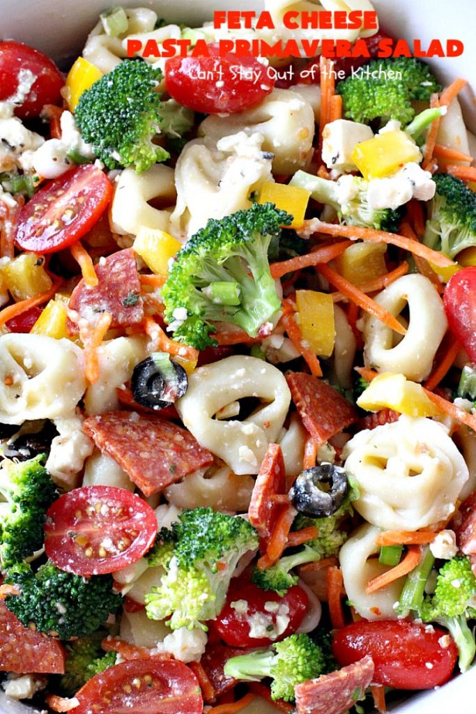 Feta Cheese Pasta Primavera Salad | Can't Stay Out of the Kitchen | this delightful #pasta #salad is great for #tailgating parties, potlucks or any backyard #BBQ. #tortellini #pepperoni #olives #broccoli #tomatoes