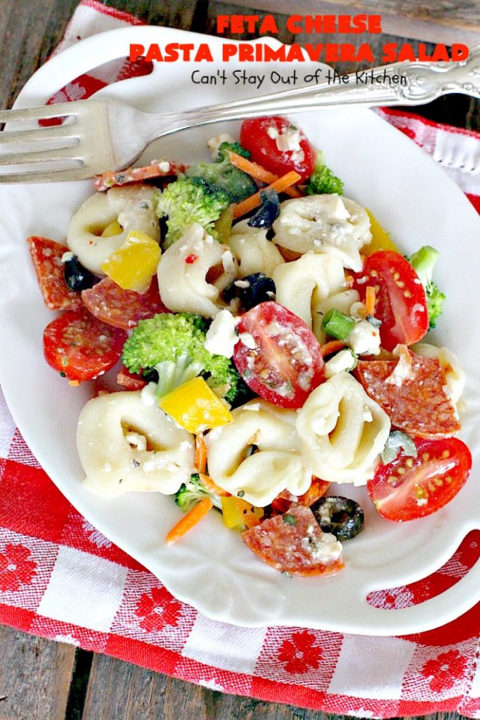 Feta Cheese Pasta Primavera Salad | Can't Stay Out of the Kitchen | this delightful #pasta #salad is great for #tailgating parties, potlucks or any backyard #BBQ. #tortellini #pepperoni #olives #broccoli #tomatoes
