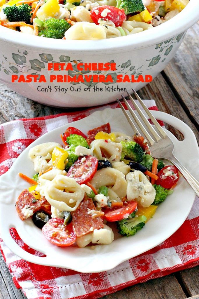 Feta Cheese Pasta Primavera Salad | Can't Stay Out of the Kitchen | this delightful #pasta #salad is great for #tailgating parties, potlucks or any backyard #BBQ. #tortellini #pepperoni #olives #broccoli #tomatoes