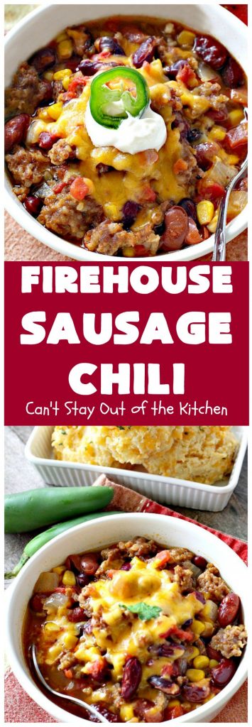 Firehouse Sausage Chili | This fantastic #chili uses #Italian #sausage, 2 kinds of #beans and a #chili seasoning packet to amp up the flavors. It's made in the #crockpot so it's incredibly easy.