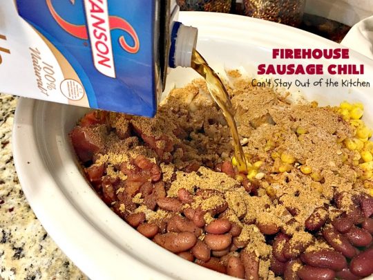 Firehouse Sausage Chili | This fantastic #chili uses #Italian #sausage, 2 kinds of #beans and a #chili seasoning packet to amp up the flavors. It's made in the #crockpot so it's incredibly easy.