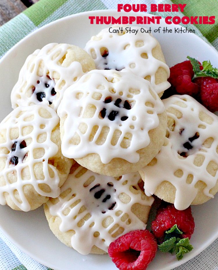 Four Berry Thumbprint Cookies | Can't Stay Out of the Kitchen | these fantastic #cookies are made with #raspberry, #cherry #blackberry & #strawberry jam. Perfect for any #holiday, potluck or family reunion. #dessert