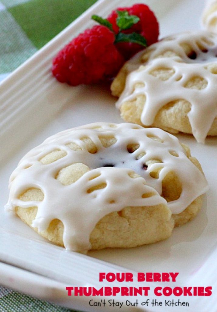 Four Berry Thumbprint Cookies | Can't Stay Out of the Kitchen | these fantastic #cookies are made with #raspberry, #cherry #blackberry & #strawberry jam. Perfect for any #holiday, potluck or family reunion. #dessert