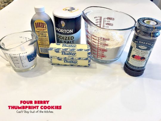 Four Berry Thumbprint Cookies | Can't Stay Out of the Kitchen | these fantastic #cookies are made with #raspberry, #cherry #blackberry & #strawberry jam. Perfect for any #holiday, potluck or family reunion. #dessert