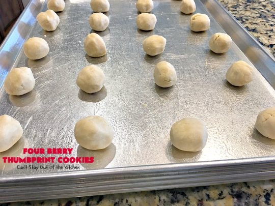Four Berry Thumbprint Cookies | Can't Stay Out of the Kitchen | these fantastic #cookies are made with #raspberry, #cherry #blackberry & #strawberry jam. Perfect for any #holiday, potluck or family reunion. #dessert