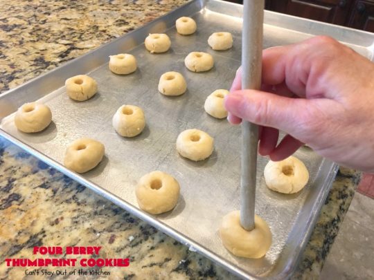 Four Berry Thumbprint Cookies | Can't Stay Out of the Kitchen | these fantastic #cookies are made with #raspberry, #cherry #blackberry & #strawberry jam. Perfect for any #holiday, potluck or family reunion. #dessert