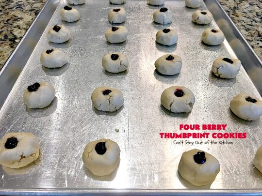 Four Berry Thumbprint Cookies | Can't Stay Out of the Kitchen | these fantastic #cookies are made with #raspberry, #cherry #blackberry & #strawberry jam. Perfect for any #holiday, potluck or family reunion. #dessert
