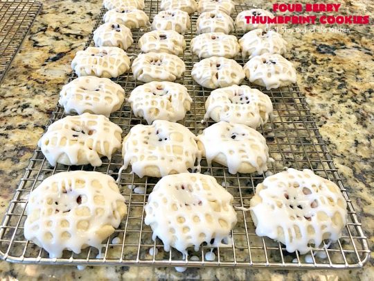 Four Berry Thumbprint Cookies | Can't Stay Out of the Kitchen | these fantastic #cookies are made with #raspberry, #cherry #blackberry & #strawberry jam. Perfect for any #holiday, potluck or family reunion. #dessert