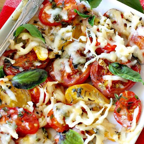 Four Cheese Italian Tomatoes | Can't Stay Out of the Kitchen | this fantastic #SideDish layers grape #tomatoes with #Italian seasonings & four kinds of #cheese. It's one of the most mouthwatering sides ever. Wonderful for company or #holiday dinners too. #RoastedTomatoes #ParmesanCheese #AsiagoCheese #MozzarellaCheese #RomanoCheese #BakedTomatoes #RoastedItalianTomatoes #GlutenFree #FourCheeseItalianTomatoes #Thanksgiving #Christmas
