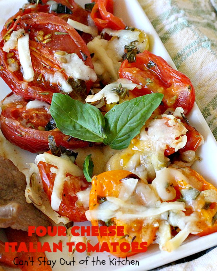 Four Cheese Italian Tomatoes | Can't Stay Out of the Kitchen | this fantastic #SideDish layers grape #tomatoes with #Italian seasonings & four kinds of #cheese. It's one of the most mouthwatering sides ever. Wonderful for company or #holiday dinners too. #RoastedTomatoes #ParmesanCheese #AsiagoCheese #MozzarellaCheese #RomanoCheese #BakedTomatoes #RoastedItalianTomatoes #GlutenFree #FourCheeseItalianTomatoes #Thanksgiving #Christmas