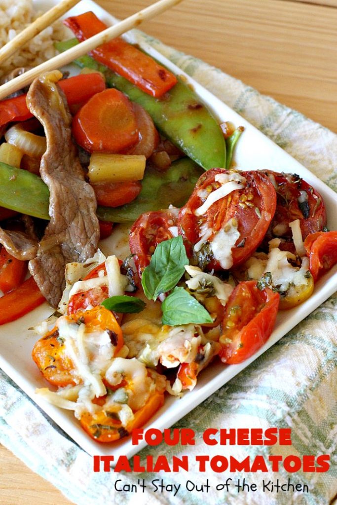 Four Cheese Italian Tomatoes | Can't Stay Out of the Kitchen | this fantastic #SideDish layers grape #tomatoes with #Italian seasonings & four kinds of #cheese. It's one of the most mouthwatering sides ever. Wonderful for company or #holiday dinners too. #RoastedTomatoes #ParmesanCheese #AsiagoCheese #MozzarellaCheese #RomanoCheese #BakedTomatoes #RoastedItalianTomatoes #GlutenFree #FourCheeseItalianTomatoes #Thanksgiving #Christmas
