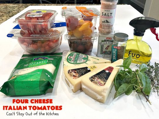 Four Cheese Italian Tomatoes | Can't Stay Out of the Kitchen | this fantastic #SideDish layers grape #tomatoes with #Italian seasonings & four kinds of #cheese. It's one of the most mouthwatering sides ever. Wonderful for company or #holiday dinners too. #RoastedTomatoes #ParmesanCheese #AsiagoCheese #MozzarellaCheese #RomanoCheese #BakedTomatoes #RoastedItalianTomatoes #GlutenFree #FourCheeseItalianTomatoes #Thanksgiving #Christmas