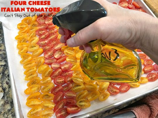 Four Cheese Italian Tomatoes | Can't Stay Out of the Kitchen | this fantastic #SideDish layers grape #tomatoes with #Italian seasonings & four kinds of #cheese. It's one of the most mouthwatering sides ever. Wonderful for company or #holiday dinners too. #RoastedTomatoes #ParmesanCheese #AsiagoCheese #MozzarellaCheese #RomanoCheese #BakedTomatoes #RoastedItalianTomatoes #GlutenFree #FourCheeseItalianTomatoes #Thanksgiving #Christmas