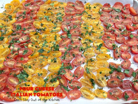 Four Cheese Italian Tomatoes | Can't Stay Out of the Kitchen | this fantastic #SideDish layers grape #tomatoes with #Italian seasonings & four kinds of #cheese. It's one of the most mouthwatering sides ever. Wonderful for company or #holiday dinners too. #RoastedTomatoes #ParmesanCheese #AsiagoCheese #MozzarellaCheese #RomanoCheese #BakedTomatoes #RoastedItalianTomatoes #GlutenFree #FourCheeseItalianTomatoes #Thanksgiving #Christmas