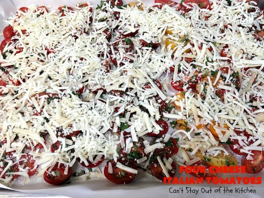 Four Cheese Italian Tomatoes | Can't Stay Out of the Kitchen | this fantastic #SideDish layers grape #tomatoes with #Italian seasonings & four kinds of #cheese. It's one of the most mouthwatering sides ever. Wonderful for company or #holiday dinners too. #RoastedTomatoes #ParmesanCheese #AsiagoCheese #MozzarellaCheese #RomanoCheese #BakedTomatoes #RoastedItalianTomatoes #GlutenFree #FourCheeseItalianTomatoes #Thanksgiving #Christmas