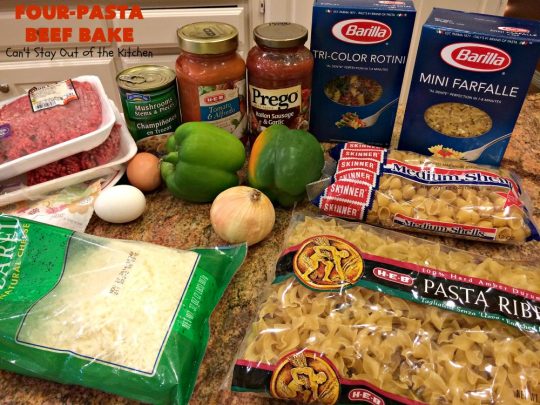 Four-Pasta Beef Bake | Can't Stay Out of the Kitchen | this quick & easy #Italian #pasta entree makes two casseroles. It's great for company or to provide a freezer meal to someone. #beef #groundbeef #cheese #mozzarellacheese #noodles #casserole
