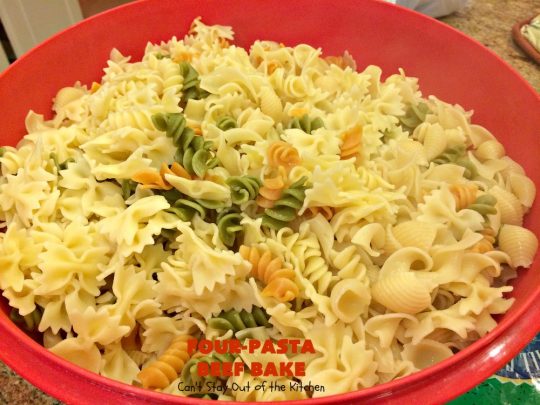 Four-Pasta Beef Bake | Can't Stay Out of the Kitchen | this quick & easy #Italian #pasta entree makes two casseroles. It's great for company or to provide a freezer meal to someone. #beef #groundbeef #cheese #mozzarellacheese #noodles #casserole