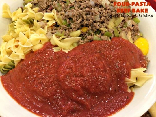 Four-Pasta Beef Bake | Can't Stay Out of the Kitchen | this quick & easy #Italian #pasta entree makes two casseroles. It's great for company or to provide a freezer meal to someone. #beef #groundbeef #cheese #mozzarellacheese #noodles #casserole